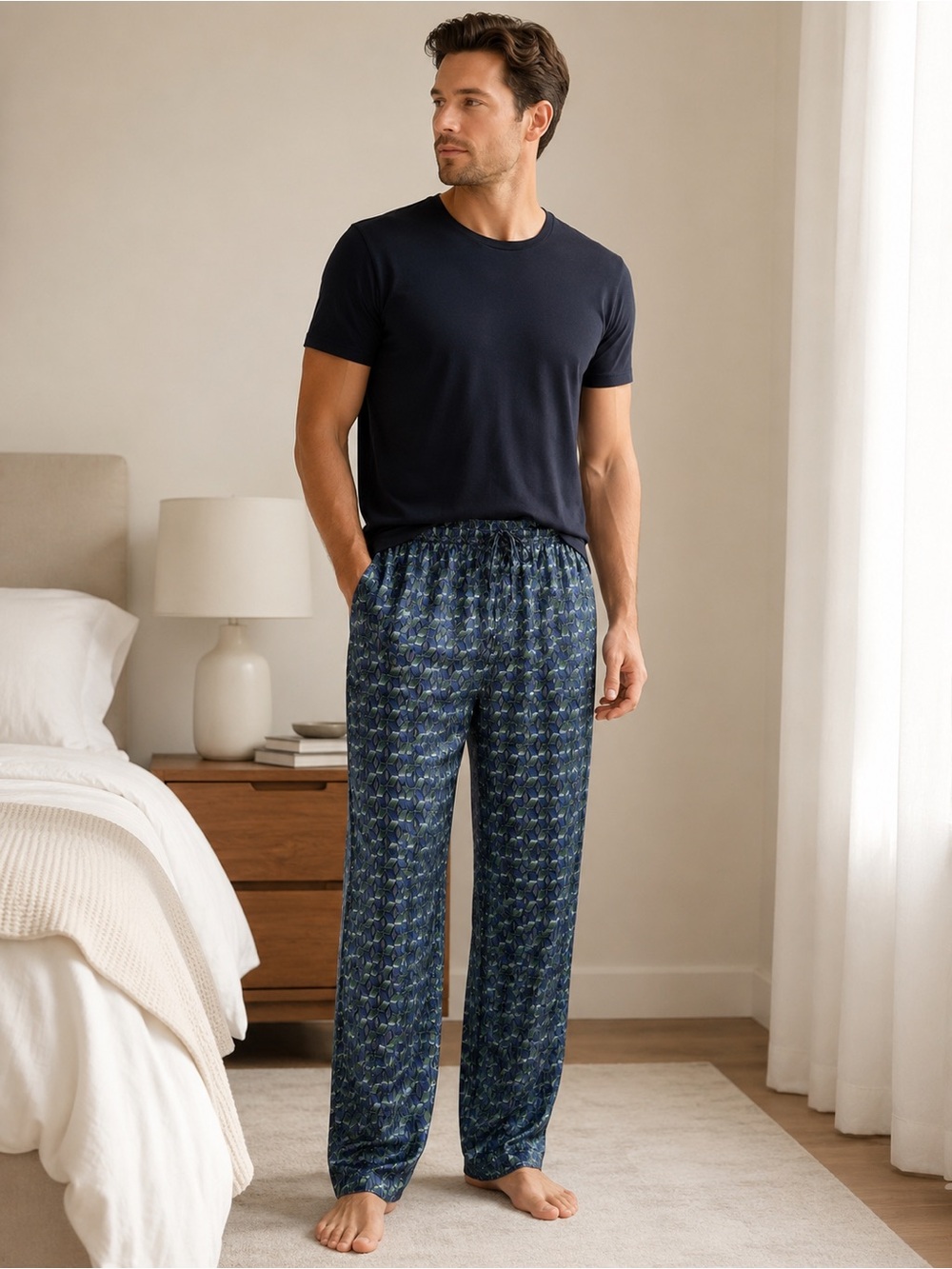 Men's 100% silk Navy Patterned Lounge Pants L